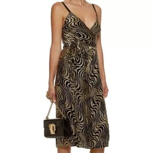 NWT $895 Milly Size 0‎ Wavy Metallic Gold Silk Blend Spaghetti Strap Wrap Dress